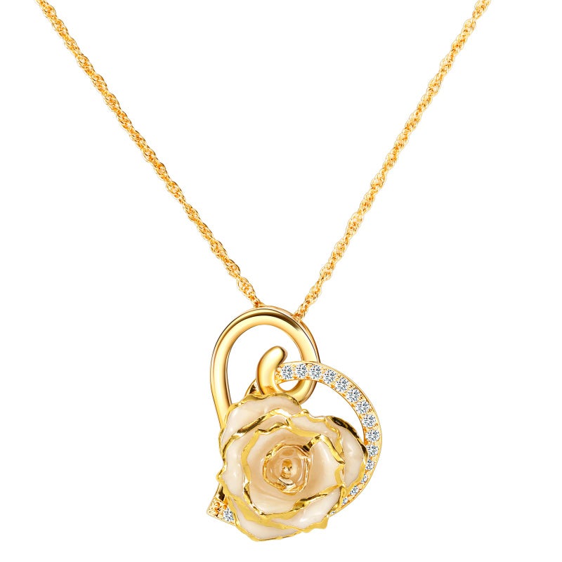 AliveRose 24K Gold Dipped Rose Dangle Necklace, 24K Gold Dipped Real Rose Dangle necklace gift for Women, Wife on Anniversary Valentine's Day Birthday Mother's Day (Heart Ivory) - Image 1