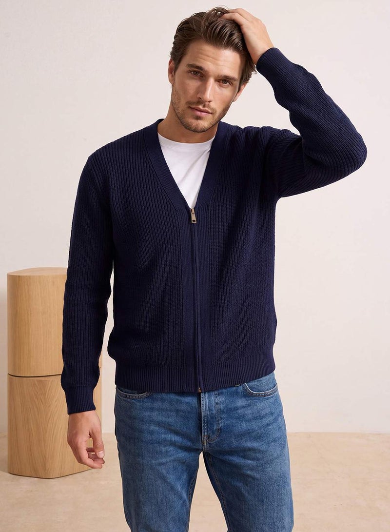 trendyol Navy Blue Regular V-Neck Zippered Plain Cardigan - Image 1