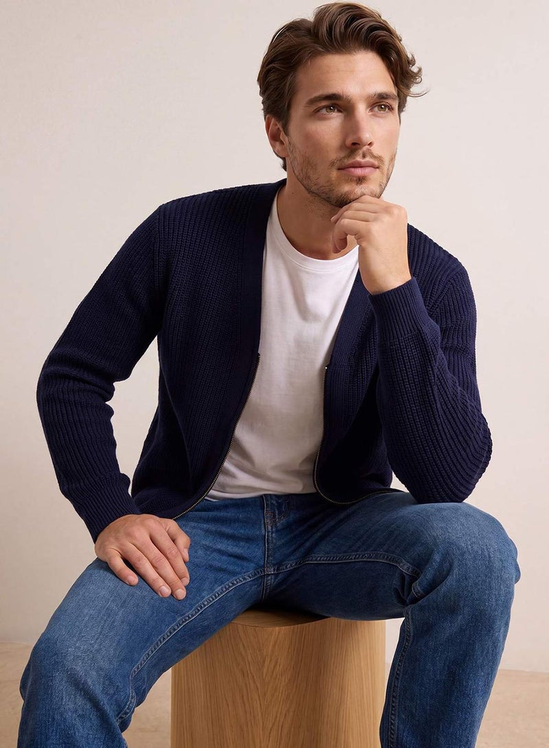 trendyol Navy Blue Regular V-Neck Zippered Plain Cardigan - Image 2
