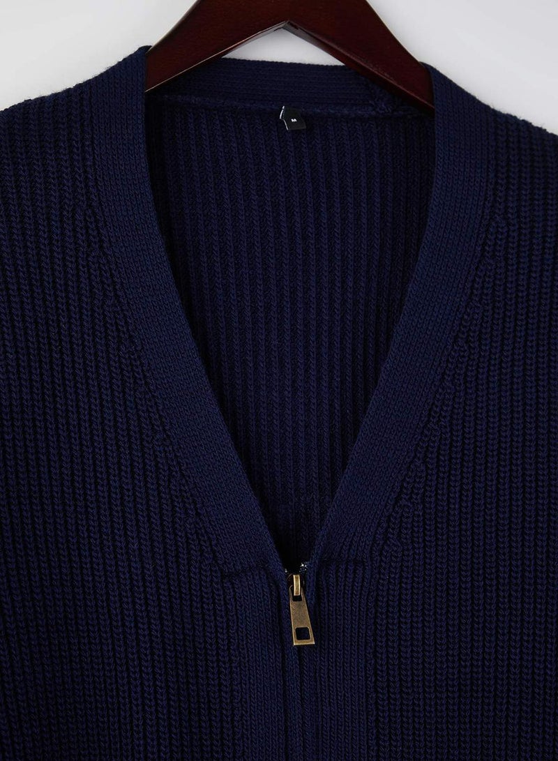 trendyol Navy Blue Regular V-Neck Zippered Plain Cardigan - Image 5