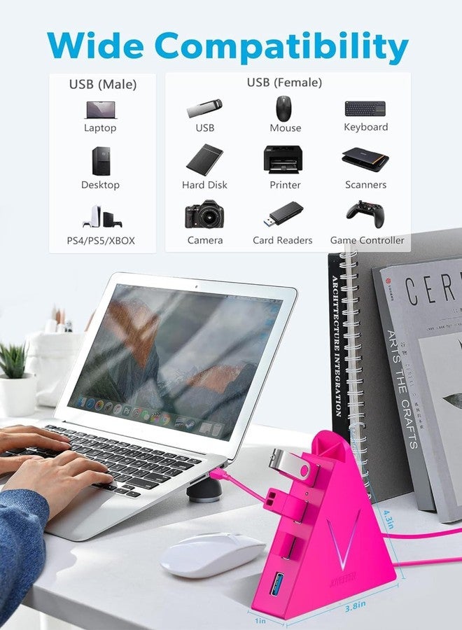 JoyReken USB Hub 3.0, 4-Port Splitter Laptop, Ps4 Keyboard and Mouse Adapter Compatible Xbox, PC, MacBook, Surface Pro, Flash Drive, HDD, Console, Printer, Camera,Keyborad,Mouse, Hot Pink, Rose, 2FT - Image 3