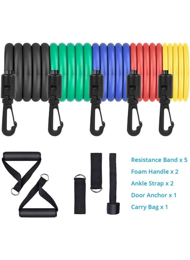 Portable Exercise 11Pcs Resistance Band Set Stackable Up to 150 Lbs (5 Stackable Exercise Bands with Door Anchor, Ankle Straps Carrying Case) Exercise Stretch Fitness Home Set