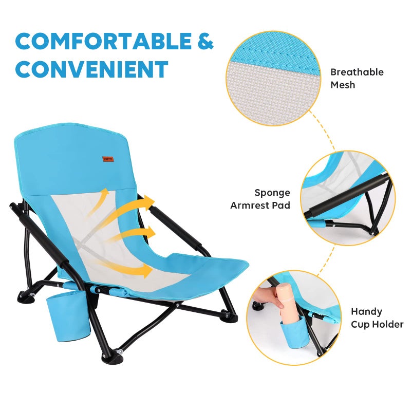 TOBTOS Low Beach Chair for Adults 2 Pack, Low Profile Folding with Cup Holder & Carry Bag, Heavy Duty Chair for Outdoor Sand, Camping, Concert, Travel - Image 4