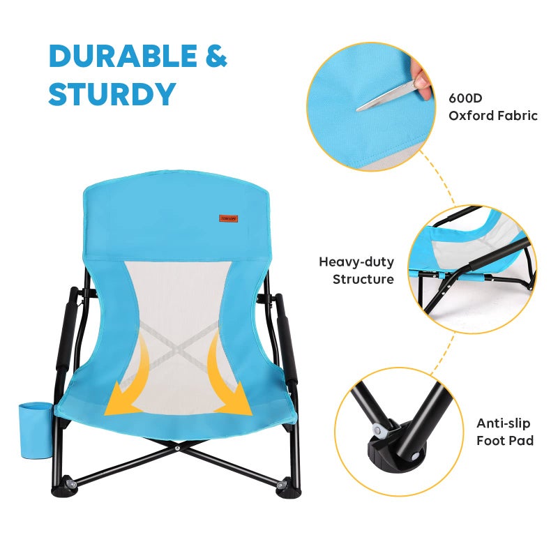 TOBTOS Low Beach Chair for Adults 2 Pack, Low Profile Folding with Cup Holder & Carry Bag, Heavy Duty Chair for Outdoor Sand, Camping, Concert, Travel - Image 3