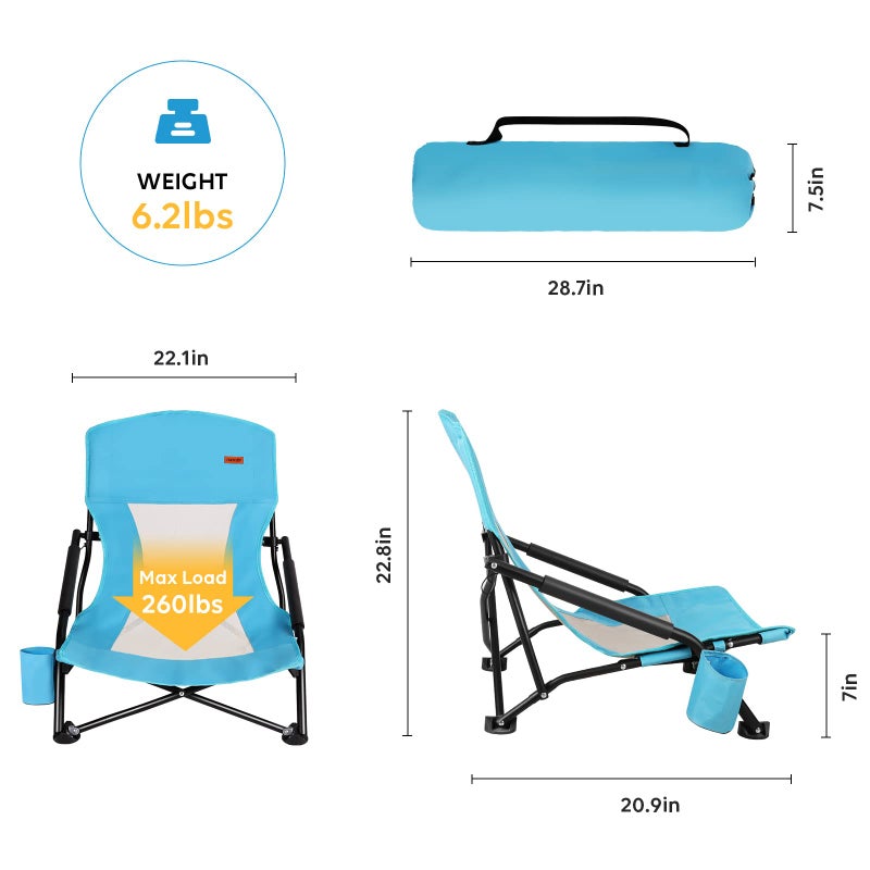TOBTOS Low Beach Chair for Adults 2 Pack, Low Profile Folding with Cup Holder & Carry Bag, Heavy Duty Chair for Outdoor Sand, Camping, Concert, Travel - Image 2