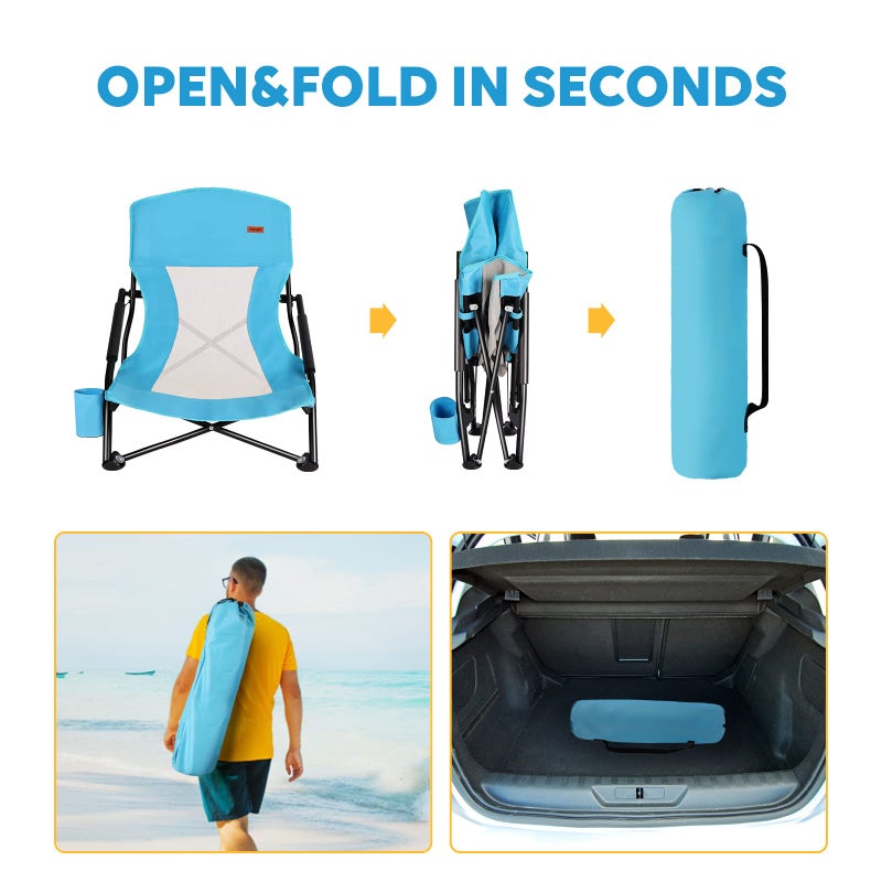 TOBTOS Low Beach Chair for Adults 2 Pack, Low Profile Folding with Cup Holder & Carry Bag, Heavy Duty Chair for Outdoor Sand, Camping, Concert, Travel - Image 5