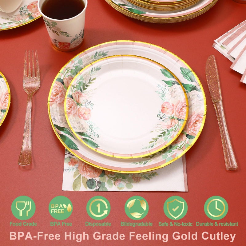 Boosolo Floral Party Supplies - Bridal Shower Paper Plates & Napkins Set for 24 Guests - Disposable Dinnerware: Plates, Cups, Cutlery for Baby Shower, Tea Party - Image 3