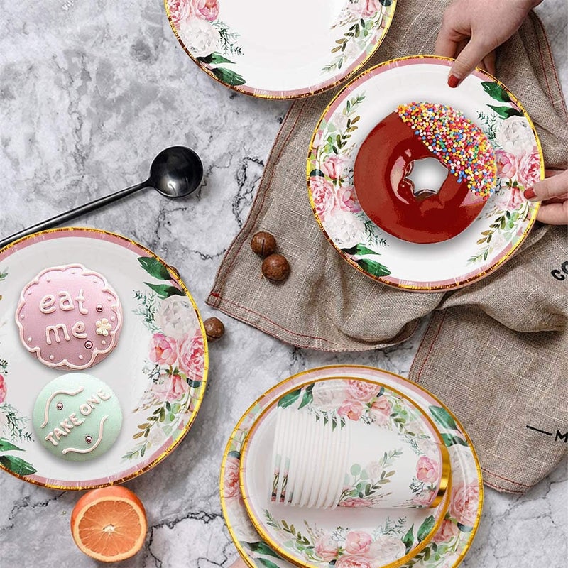 Boosolo Floral Party Supplies - Bridal Shower Paper Plates & Napkins Set for 24 Guests - Disposable Dinnerware: Plates, Cups, Cutlery for Baby Shower, Tea Party - Image 2