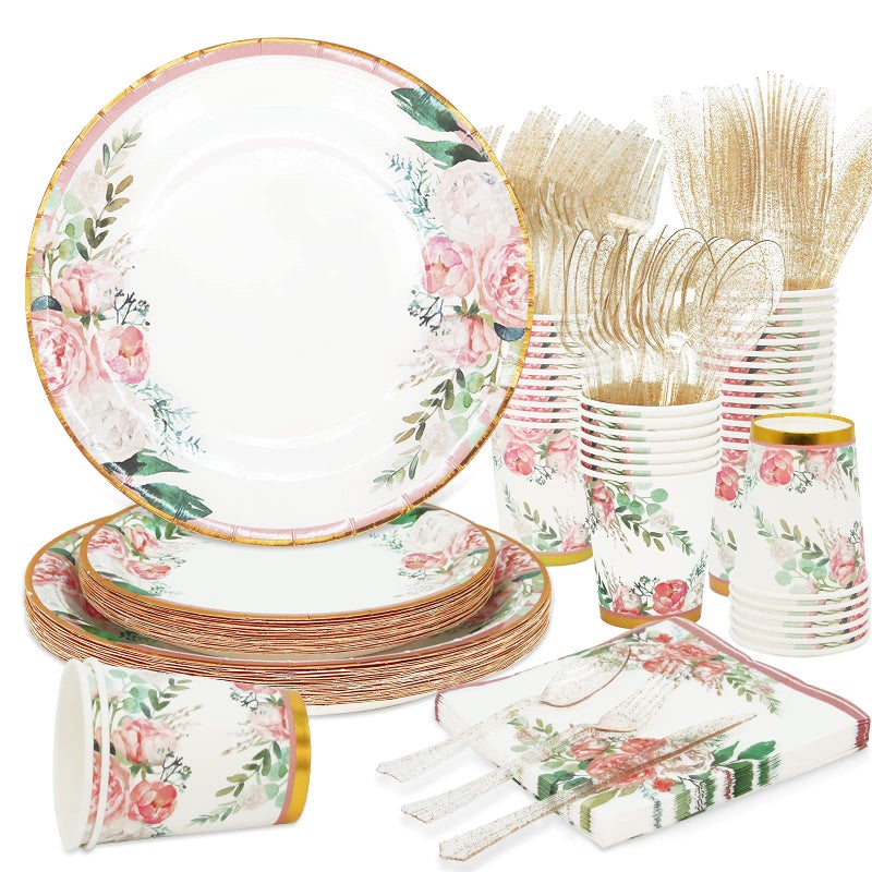Boosolo Floral Party Supplies - Bridal Shower Paper Plates & Napkins Set for 24 Guests - Disposable Dinnerware: Plates, Cups, Cutlery for Baby Shower, Tea Party - Image 1