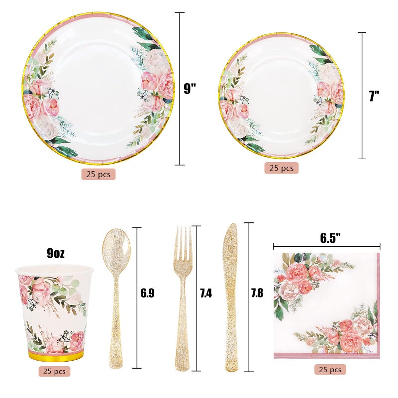 Boosolo Floral Party Supplies - Bridal Shower Paper Plates & Napkins Set for 24 Guests - Disposable Dinnerware: Plates, Cups, Cutlery for Baby Shower, Tea Party - Image 4
