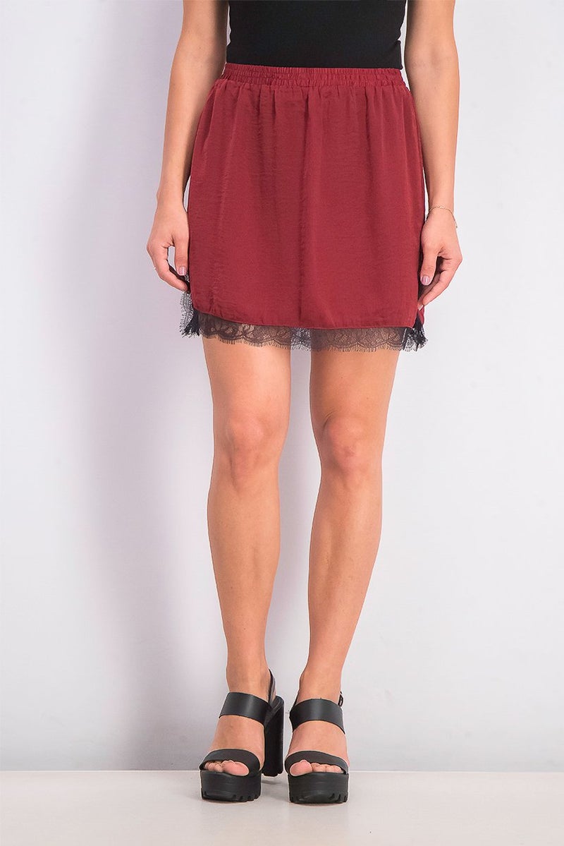 MANGO Women Lace Hem Skirt, Red - Image 1