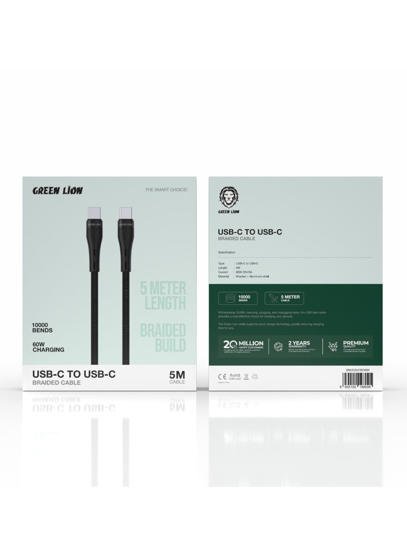 GREEN LION USB-C to USB-C Braided Cable 5 Meter 60W with Tangle-Free Handling & 480 Mbps Transfer Speed / Charge & Sync / Secure & Safe / Wide Compatible - Black - Image 2