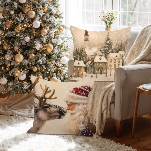Lanpn 18x18 Christmas Throw Pillow Covers Set of 4 Snowman Santa Reindeer Vintage Christmas Pillow Cover Pillowcase Xmas Holiday Decorative Pillow case for Home Sofa Couch Living Room Decor - Image 3