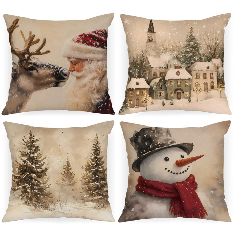 Lanpn 18x18 Christmas Throw Pillow Covers Set of 4 Snowman Santa Reindeer Vintage Christmas Pillow Cover Pillowcase Xmas Holiday Decorative Pillow case for Home Sofa Couch Living Room Decor - Image 2