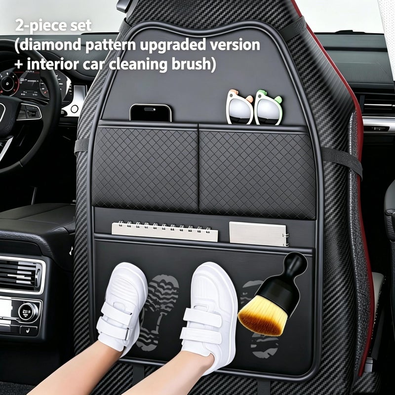 2 Piece Set Upgraded Smooth Flat Pattern Car Seat Back Organizer With Large Capacity Multi Pocket Anti Kick Wear Resistant Design And Interior Cleaning Brush Suitable For Most Car Models Rear Seats - Image 3