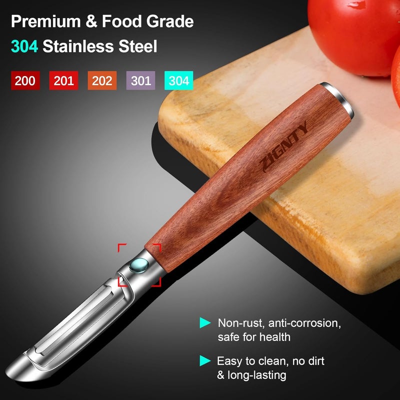 ZIGNTY Vegetable Peeler Stainless Steel, Premium Potato Peelers for Kitchen, Ultra Sharp Rotary Blade Fruit & Veggie Peeler, Apple Peeler, I Shaped Peeler Real Wood Non-Slip Handle（5 Years Warranty） - Image 4