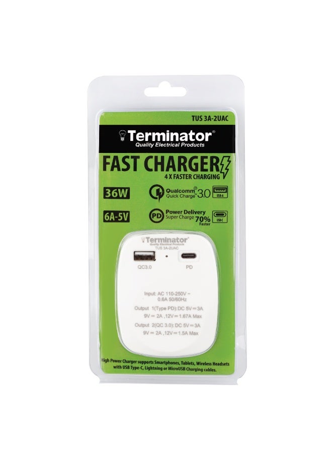 Terminator Terminator Dual Port USB Fast Charger - 3A USB-A & USB-C Wall Adapter, Quick Charging for Phones & Devices - Image 1