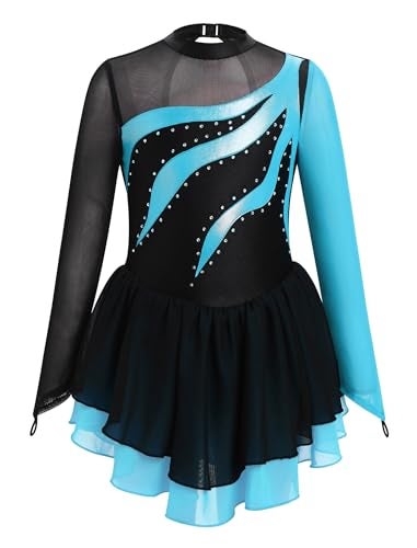 IBAKOM Girl Figure Skating Dress Shiny Metallic Sheer Mock Neck Toddler Ice Skating Clothes Teen Rhinestone Rhythmic Gymnastics Leotard with Chiffon Skirt Long Sleeve Ice Skater Teal Blue 1112 Years - Image 1