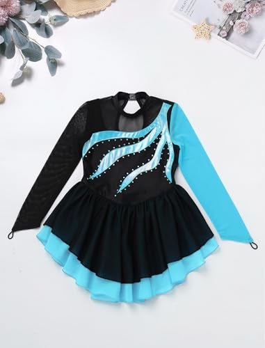 IBAKOM Girl Figure Skating Dress Shiny Metallic Sheer Mock Neck Toddler Ice Skating Clothes Teen Rhinestone Rhythmic Gymnastics Leotard with Chiffon Skirt Long Sleeve Ice Skater Teal Blue 1112 Years - Image 3
