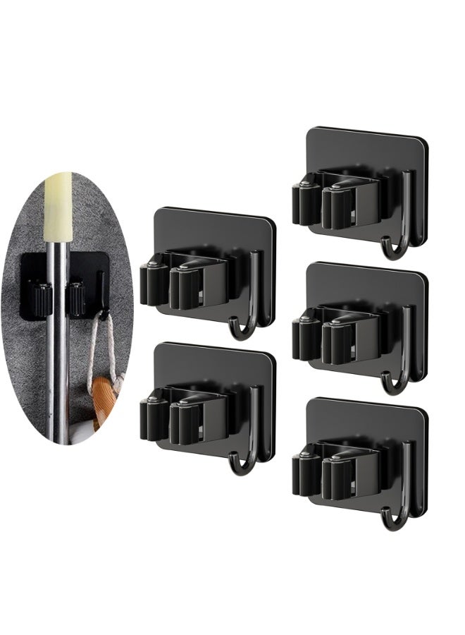 Stainless Steel Adhesive Mop Holder, Bathroom Wall Mounted Broom, Mop Cloth, Door Storage, Bathroom Mop Clamp Hook,5 Pcs - Image 1