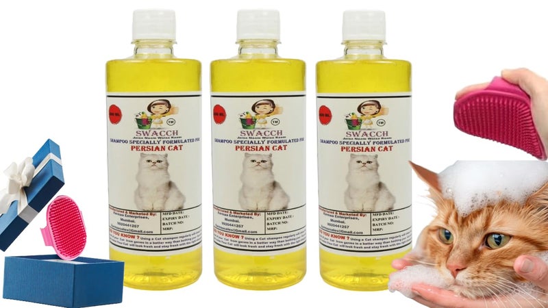 Swacch Persian Cat Shampoo -500ml (Pack of 3) (Lemon) + Bath Brush with Adjustable Straps Combo Pack - Image 1