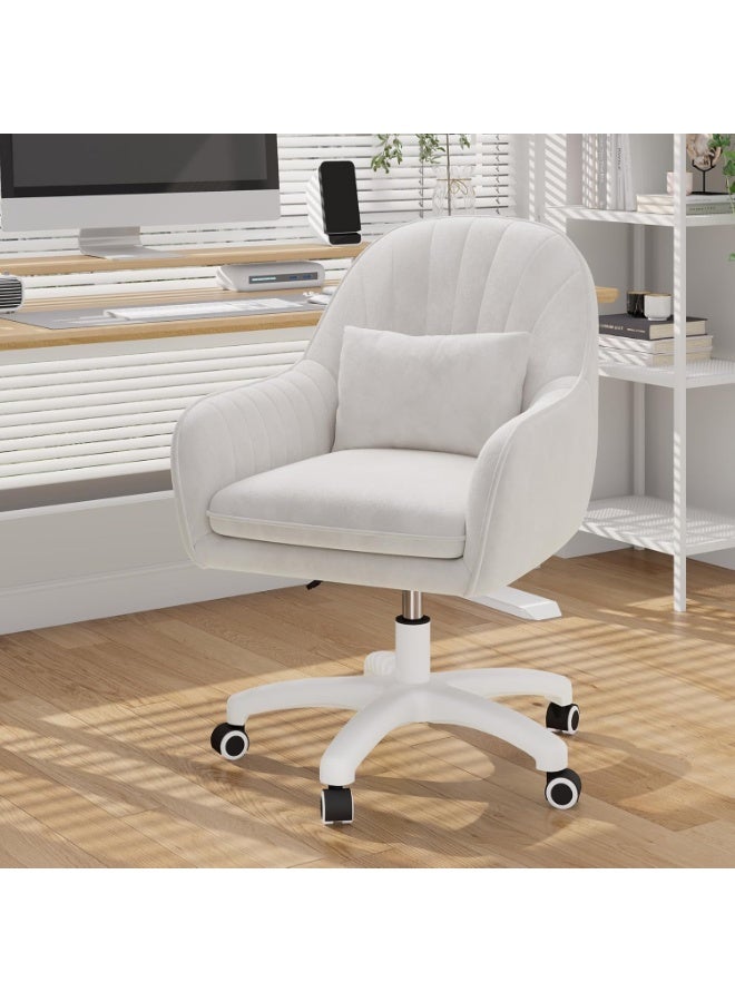 م.ا & ف'س كرسي مكتب منزلي، كرسي كمبيوتر دوار قابل لتعديل الارتفاع، مُنجّد بمخمل، كرسي مكياج بعجلات ووسادة، كرسي عصري متوسط ​​الارتفاع لغرفة النوم أو غرفة القراءة، أبيض - Image 1