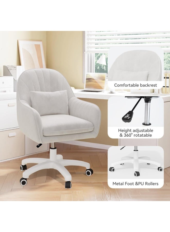 م.ا & ف'س كرسي مكتب منزلي، كرسي كمبيوتر دوار قابل لتعديل الارتفاع، مُنجّد بمخمل، كرسي مكياج بعجلات ووسادة، كرسي عصري متوسط ​​الارتفاع لغرفة النوم أو غرفة القراءة، أبيض - Image 3