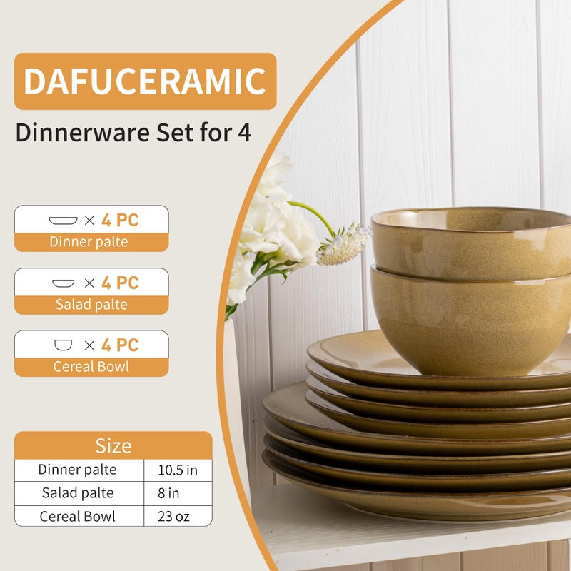 Dafuceramic Plates and Bowls Sets, 12 Pieces Modern Stoneware Dinnerware Set for 4 Kitchen Dinner Set Ceramic Dishware Dishes Set Microwave and Dishwasher Safe (Maize Yellow) - Image 2