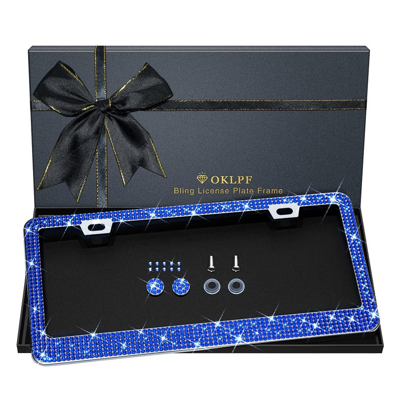 OKLPF Bling License Plate Frame for Women, 1PCS Sparkly License Plate Frames| Over 1200 pcs 14 Facets Bedazzled Clear Glass Diamond Rhinestone Crystals w/Free Glitter Diamond Box (Dark Blue) - Image 1