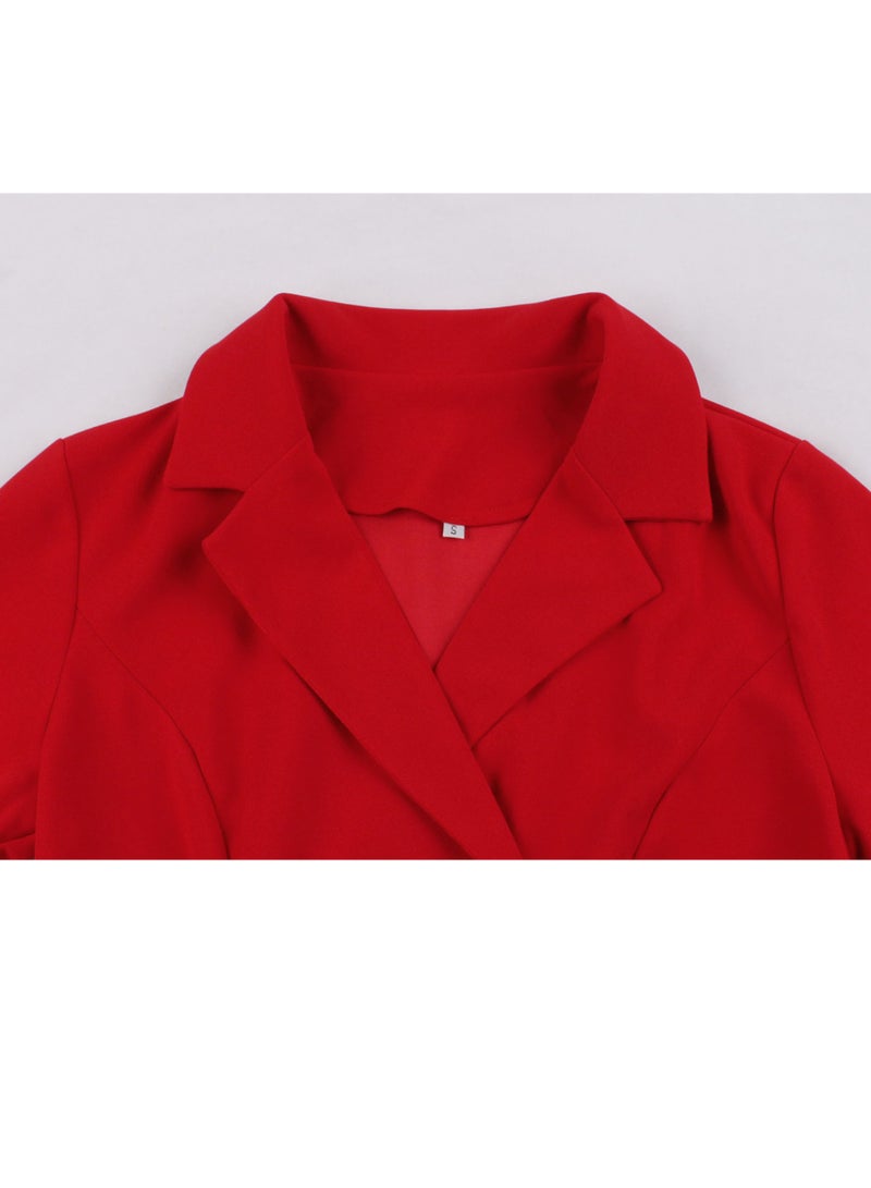 Elegant Button Suit Collar Slim Waist Dress Red*1 Piece  - Image 2