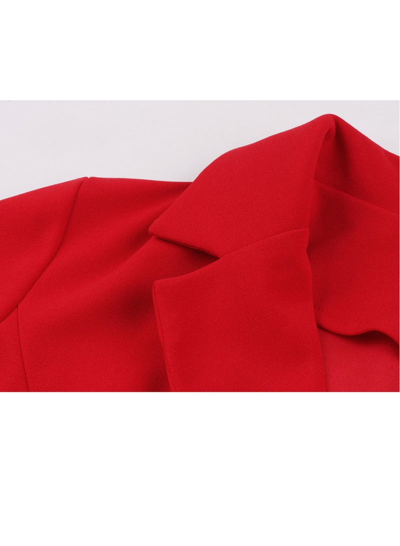 Elegant Button Suit Collar Slim Waist Dress Red*1 Piece  - Image 3