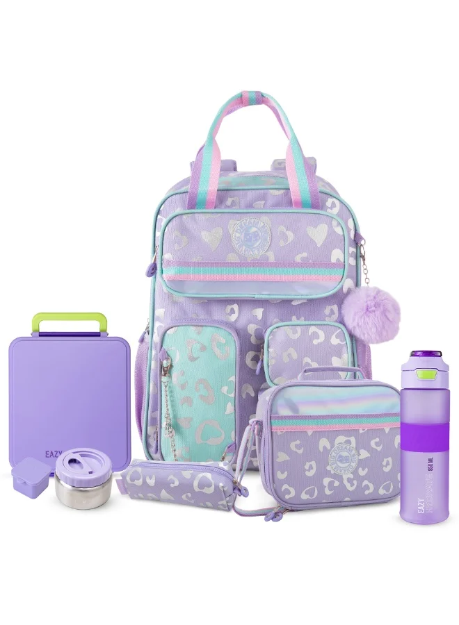 Eazy Kids Eazy Kids 17” School Backpack Set w/ Tritan Water Bottle & Jumbo Bento Lunch Box – Purple