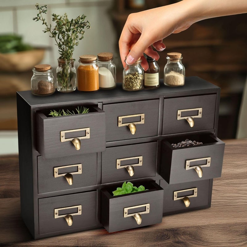 Flexzion Apothecary Cabinet with Drawers - 9 Vintage Apothecary Drawers Desktop Organizer for Home & Office - Wooden Tabletop Library Card Catalog Cabinet Storage for Jewelry, Makeup & Tools, Black - Image 2