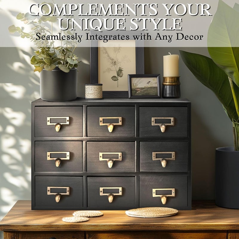 Flexzion Apothecary Cabinet with Drawers - 9 Vintage Apothecary Drawers Desktop Organizer for Home & Office - Wooden Tabletop Library Card Catalog Cabinet Storage for Jewelry, Makeup & Tools, Black - Image 3