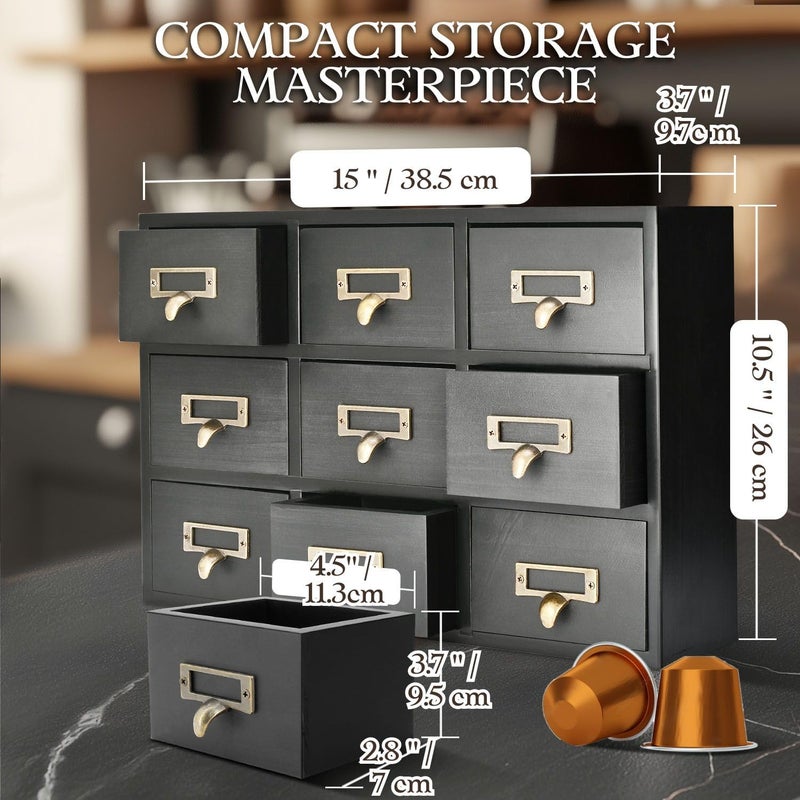 Flexzion Apothecary Cabinet with Drawers - 9 Vintage Apothecary Drawers Desktop Organizer for Home & Office - Wooden Tabletop Library Card Catalog Cabinet Storage for Jewelry, Makeup & Tools, Black - Image 5