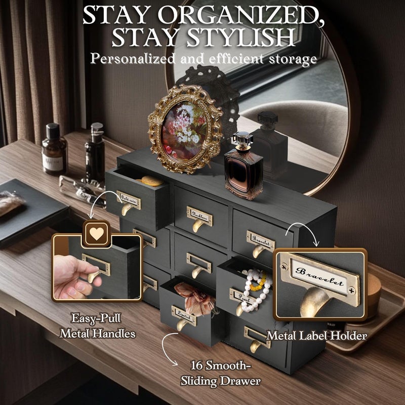 Flexzion Apothecary Cabinet with Drawers - 9 Vintage Apothecary Drawers Desktop Organizer for Home & Office - Wooden Tabletop Library Card Catalog Cabinet Storage for Jewelry, Makeup & Tools, Black - Image 4