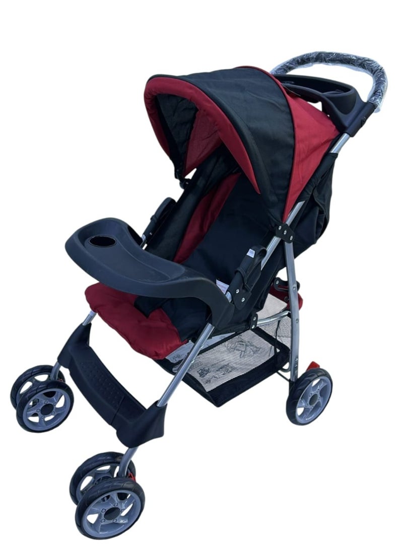 Dual-Color Baby Stroller with Reclining Seat, Wheel Stopper & One-Hand Folding – Red & Black - Image 1