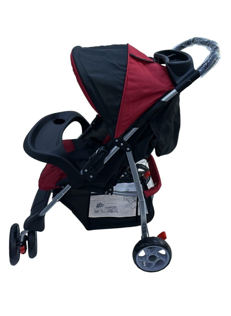 Dual-Color Baby Stroller with Reclining Seat, Wheel Stopper & One-Hand Folding – Red & Black - Image 3
