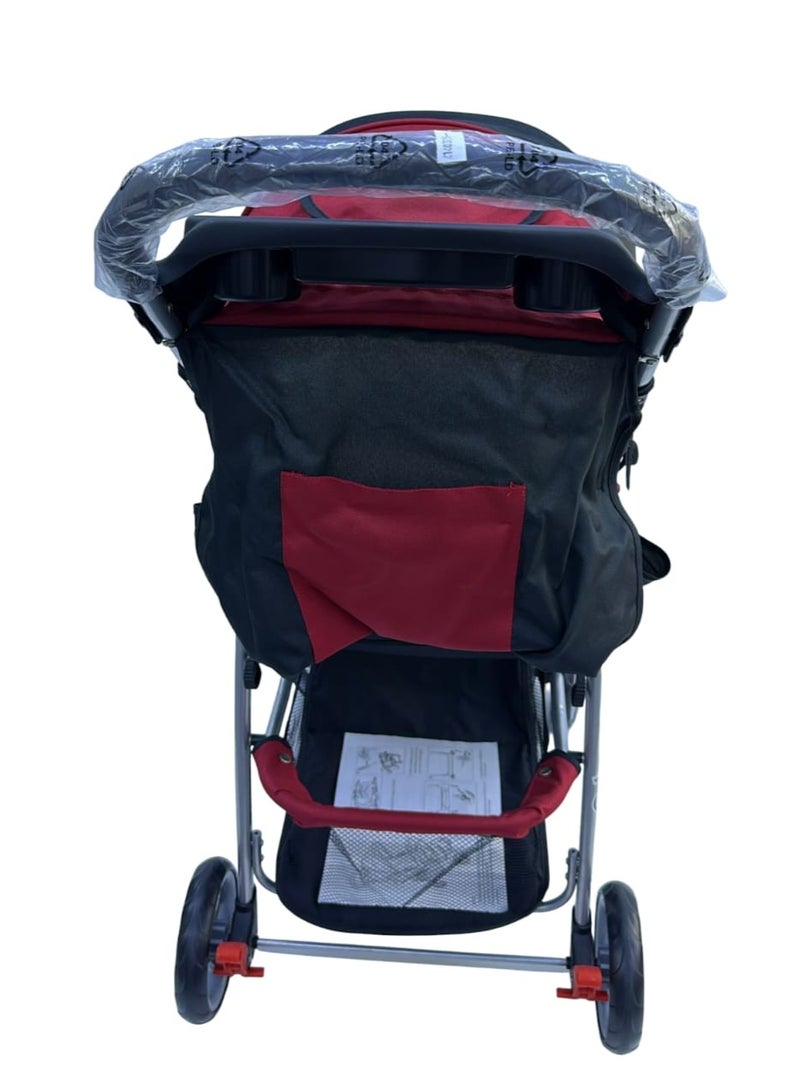 Dual-Color Baby Stroller with Reclining Seat, Wheel Stopper & One-Hand Folding – Red & Black - Image 2