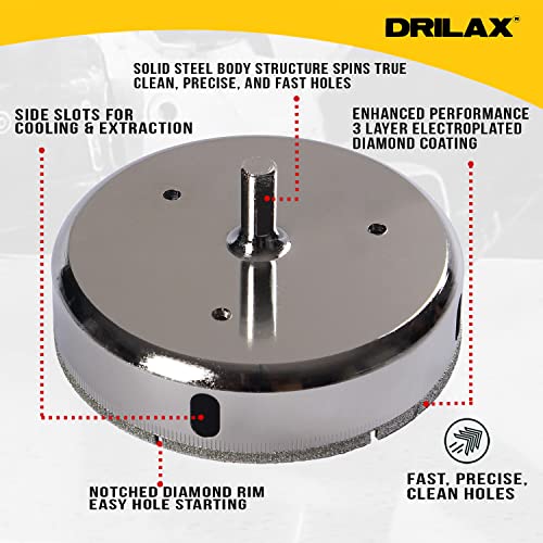 DRILAX منشار ثقب ماسي Drilax 4-1/2" مع دليل | قاطع بلاط للبورسلين والسيراميك والزجاج | منشار ثقب للجرانيت والحجر للصرف الكبير، الأضواء المدمجة ونظام التكييف - Image 4
