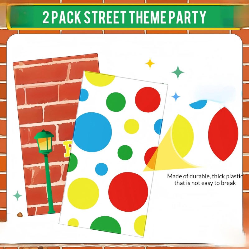 Oudain 2 Sheets Red Brick Wall Tablecloth Party Decorations for Street Red Brick Table Cloth 54 x 108 Inch Colorful Dots Table Cover Cartoon Birthday Party Supplies for Friends - Image 3