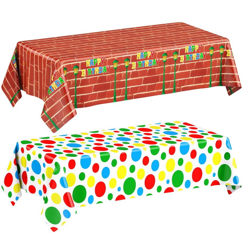 Oudain 2 Sheets Red Brick Wall Tablecloth Party Decorations for Street Red Brick Table Cloth 54 x 108 Inch Colorful Dots Table Cover Cartoon Birthday Party Supplies for Friends - Image 1