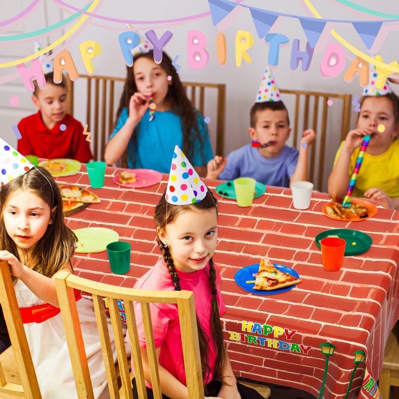 Oudain 2 Sheets Red Brick Wall Tablecloth Party Decorations for Street Red Brick Table Cloth 54 x 108 Inch Colorful Dots Table Cover Cartoon Birthday Party Supplies for Friends - Image 5