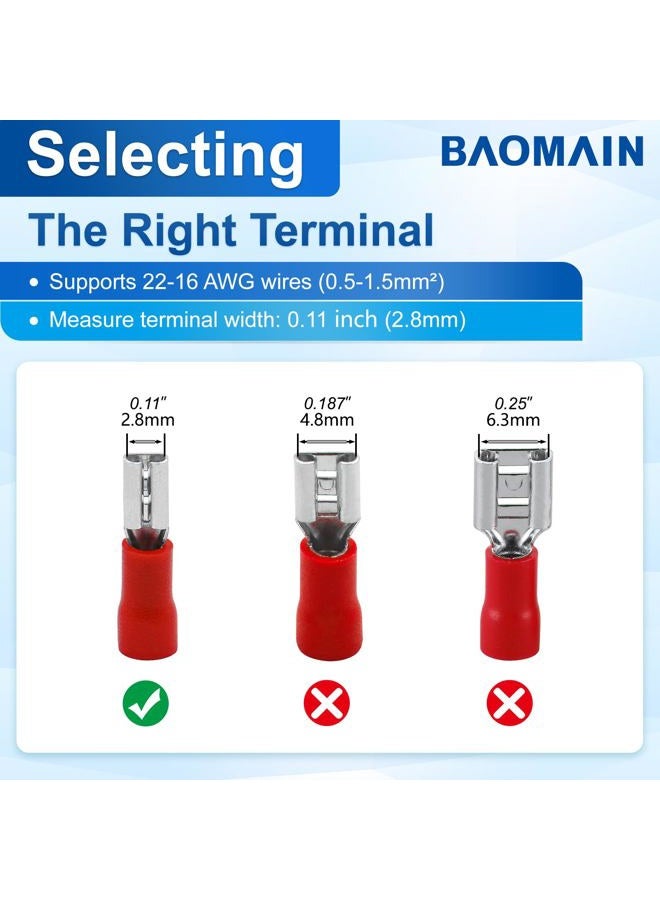 Baomain 0.11" Red Female Insulated Spade Wire Connector Electrical Crimp Terminal 18-22 AWG 2.8 x 0.5mm (100PCS) - Image 4