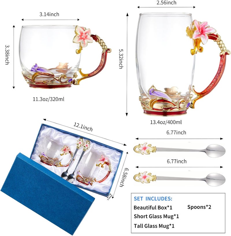 DUMVOIN Tea Cup Glass Coffee MugsFancy Tea Cup Set Birthday Christmas Valentines Day Gift Idea for Tea Lover and Women Novelty Coffee Mugs Lily Flower Enamel Tea Cup with Spoon - Image 2