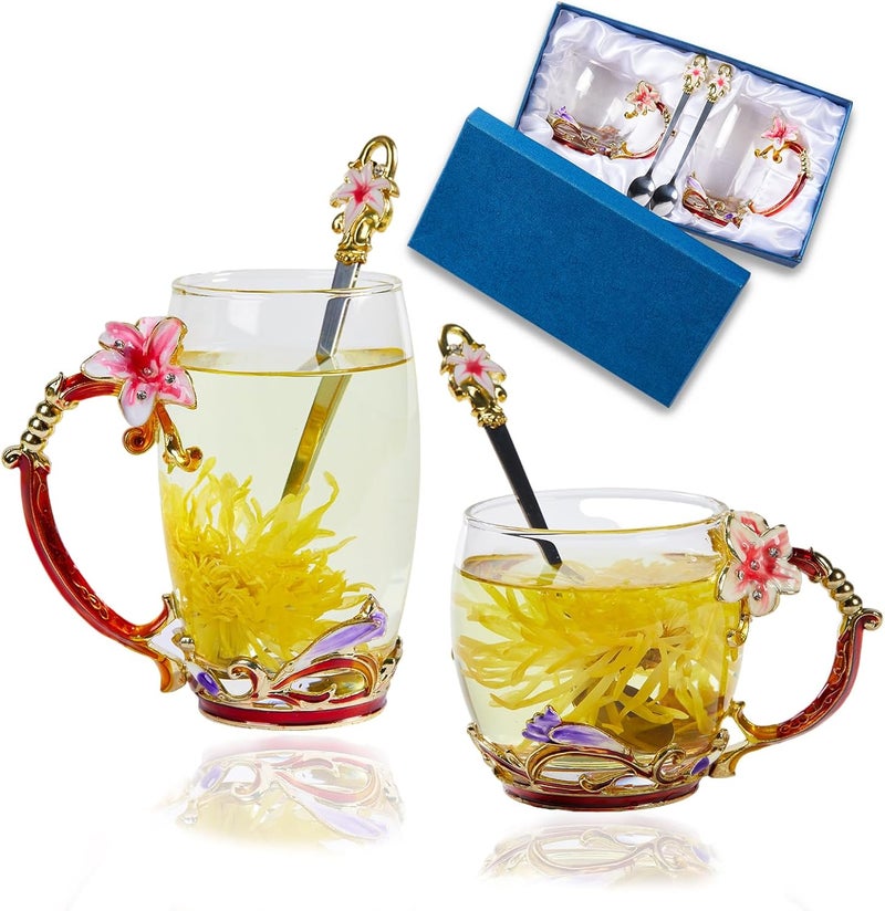 DUMVOIN Tea Cup Glass Coffee MugsFancy Tea Cup Set Birthday Christmas Valentines Day Gift Idea for Tea Lover and Women Novelty Coffee Mugs Lily Flower Enamel Tea Cup with Spoon - Image 1