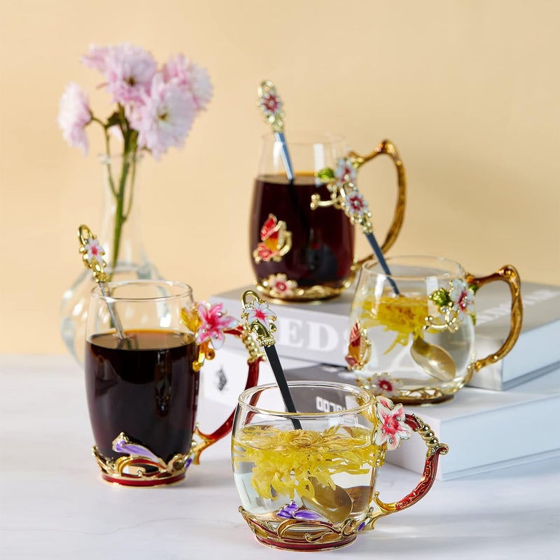DUMVOIN Tea Cup Glass Coffee MugsFancy Tea Cup Set Birthday Christmas Valentines Day Gift Idea for Tea Lover and Women Novelty Coffee Mugs Lily Flower Enamel Tea Cup with Spoon - Image 3