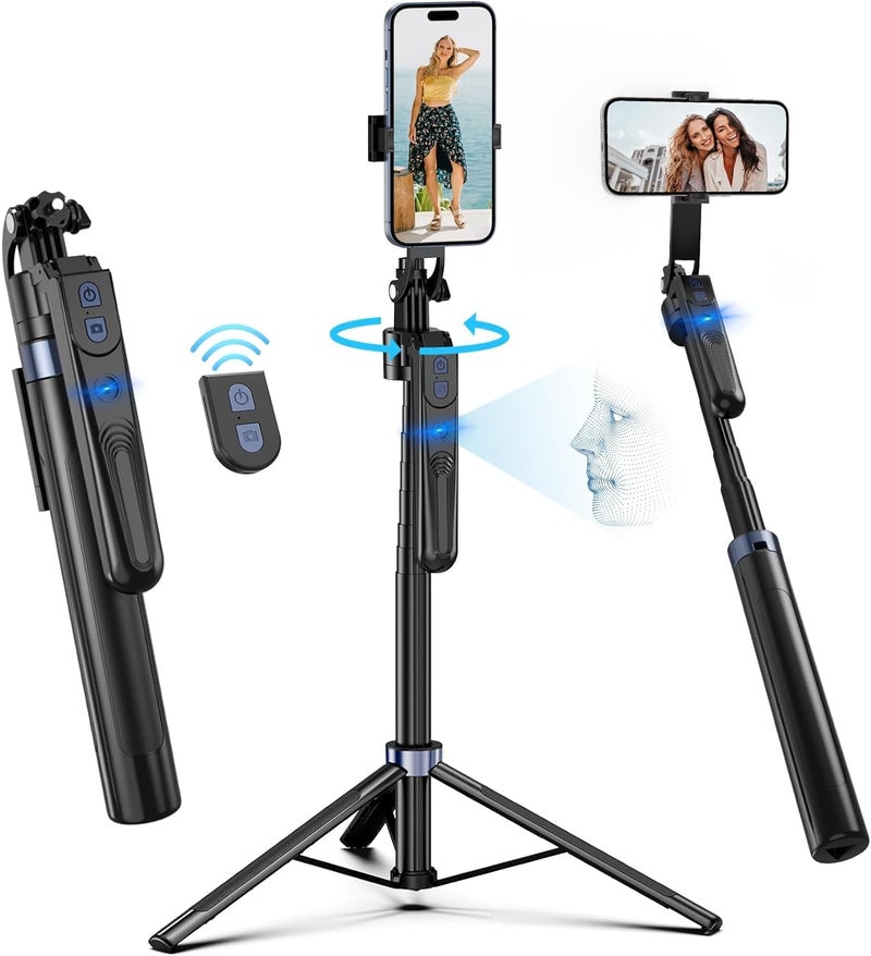 TECHNOVIEW AI-Powered Selfie Stick for Mobile, Auto Face Tracking Tripod 360 Rotation with Stand, Tripod Holder with Remote & Gesture Control, Long Aluminum Extension for Mobile & Quad-Leg Stability - Image 1