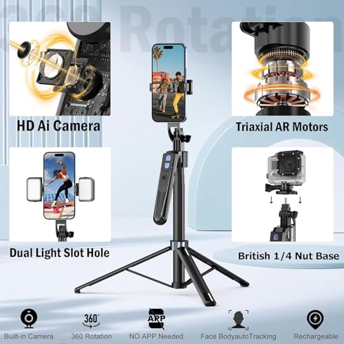 TECHNOVIEW AI-Powered Selfie Stick for Mobile, Auto Face Tracking Tripod 360 Rotation with Stand, Tripod Holder with Remote & Gesture Control, Long Aluminum Extension for Mobile & Quad-Leg Stability - Image 2