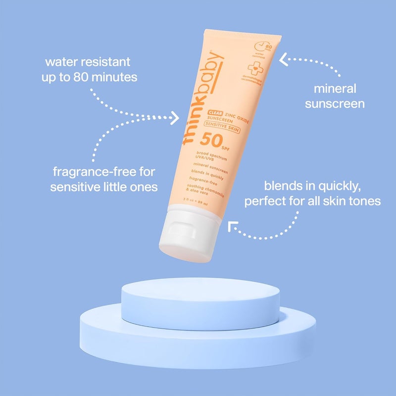 ثينك واقي شمسي معدني baby للبشرة الحساسة، SPF 50، أكسيد الزنك الشفاف للأطفال، 3 أونصات سائلة، حماية واسعة الطيف من UVA/UVB، طبيعي، مقاوم للماء، آمن للشعاب المرجانية، نباتي - Image 1
